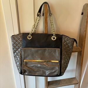 Steve Madden Black And Gray Quilted Leather Tote Bag